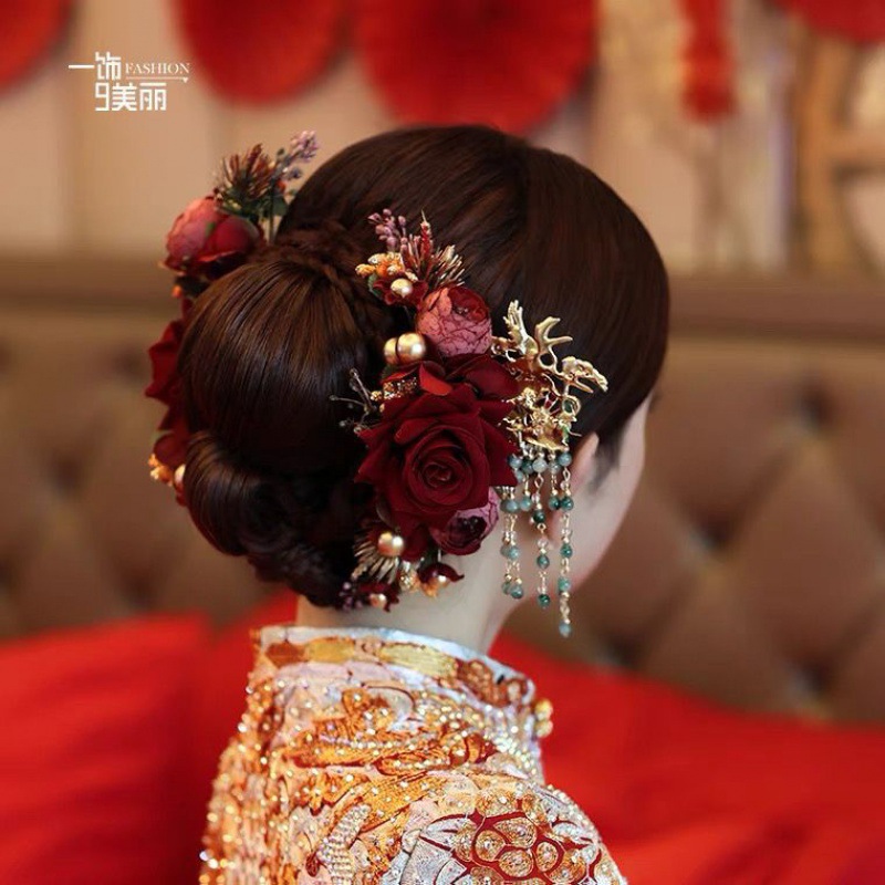 秀禾头饰新中式新娘中式新款红色花古风龙凤褂旗袍配饰-阿里巴巴