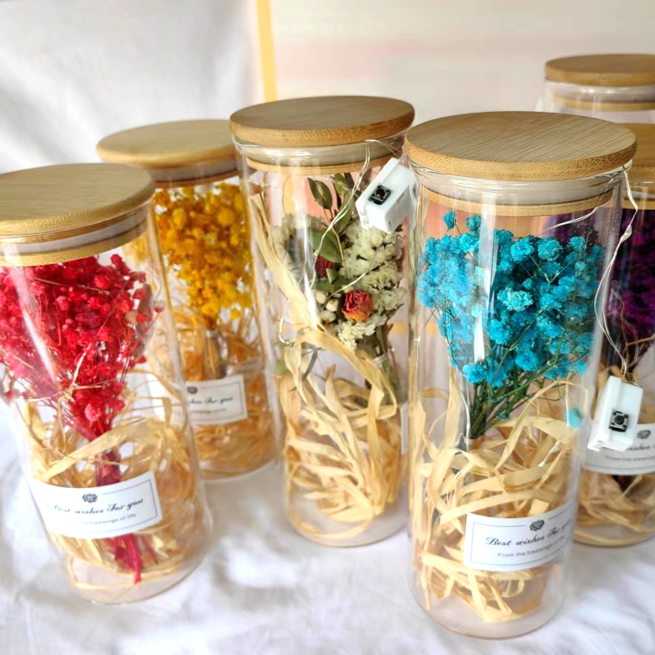 母亲节情人节带灯玻璃瓶花束许愿瓶干花满天星玫瑰花束伴手礼搭配