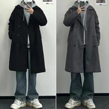 冬季韩版中长款毛呢大衣男休闲夹棉加厚垂感外套宽松上衣