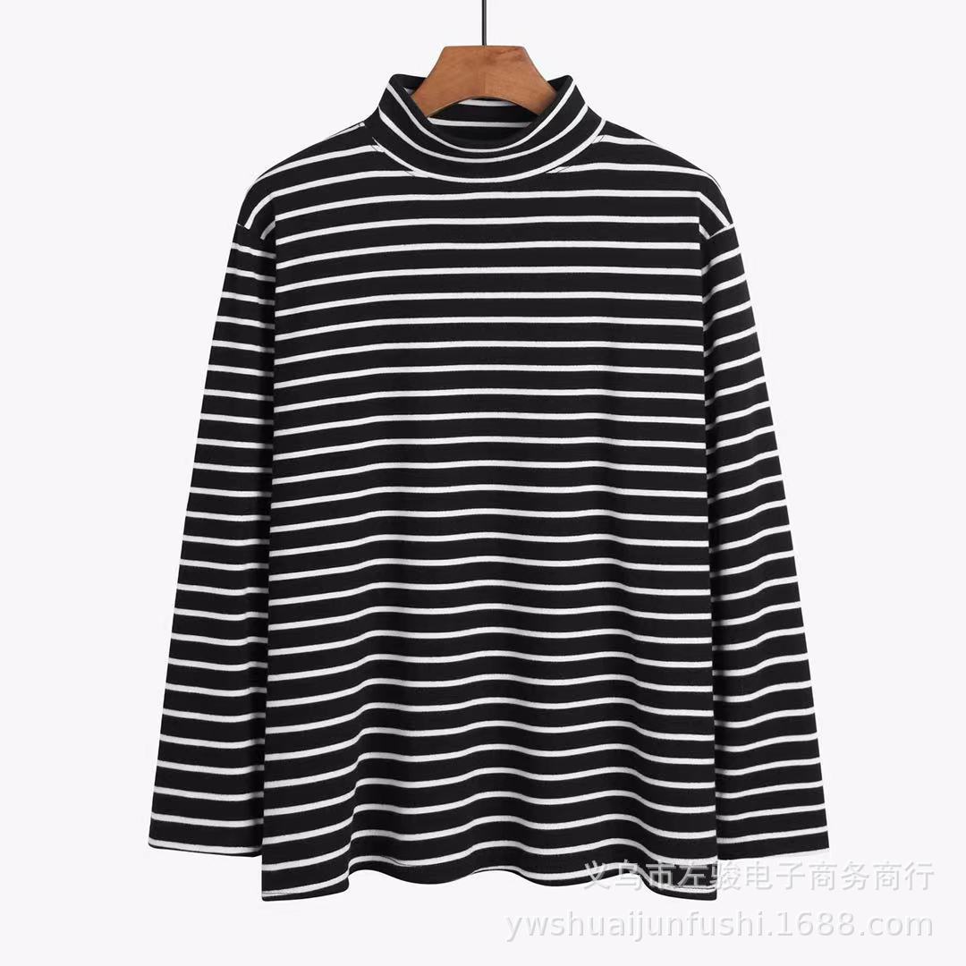 Spring and Autumn Mom Wear Casual Style Japanese and Korean Striped Double-Sided Dralon Half Turtleneck Regular Women's Bottoming Shirt Wholesale