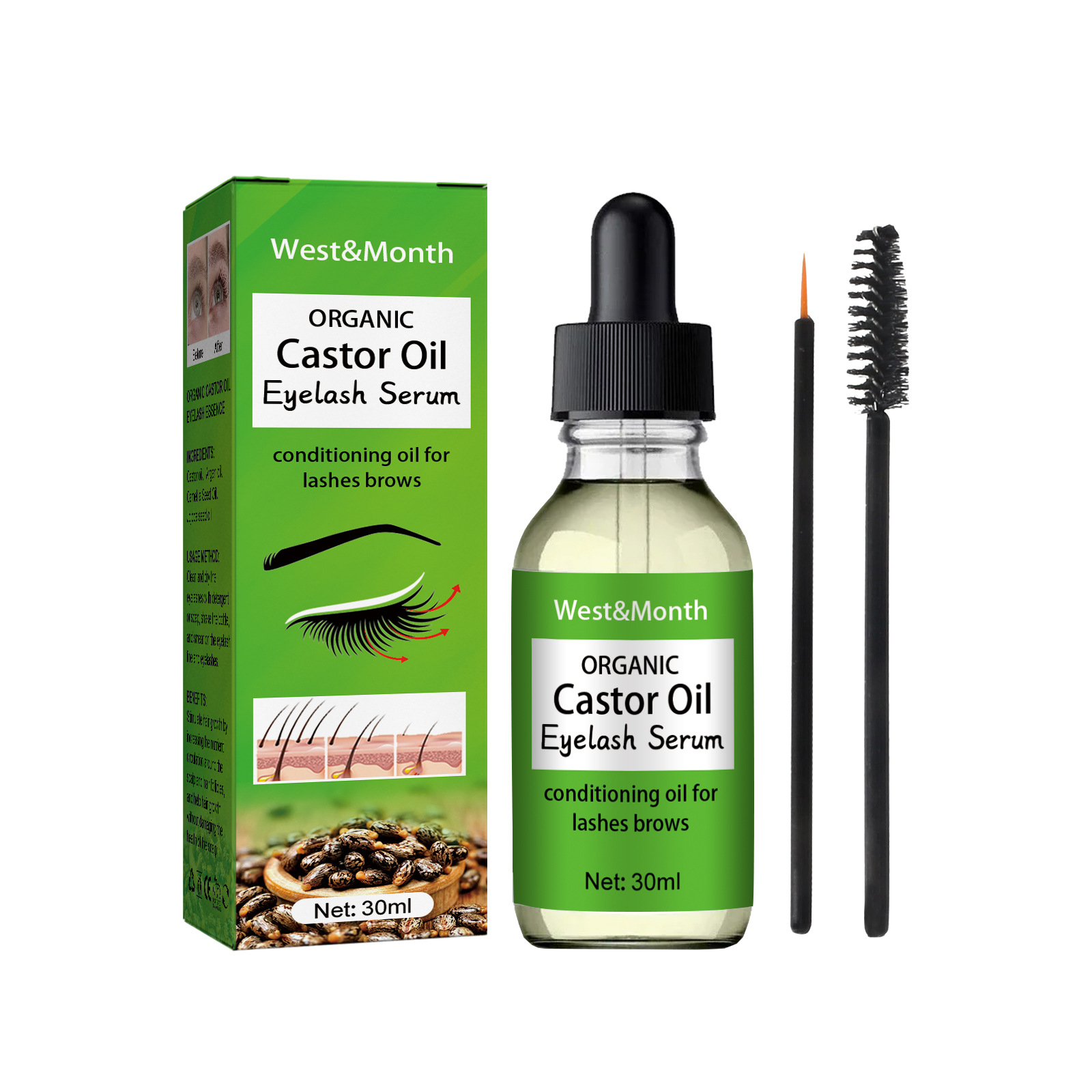 West & Month Castor Oil Eyelashe Essence Thick Moisturizing Natural Long Black Curling Mild Seamless