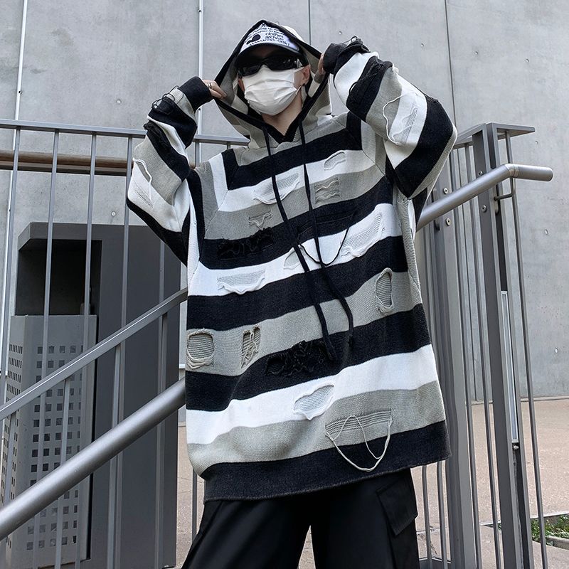 American Pu Shuai Striped Sweater Men's Autumn and Winter Fashion Brand Design Sense Ripped Sweater Loose Couple Hooded Coat