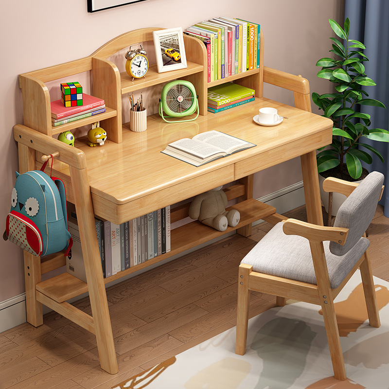 北欧实木书桌书架家用儿童写字桌女生卧室学生桌子简约升降课桌子
