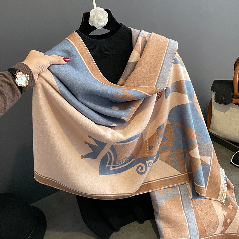 2023 Autumn and Winter New Artificial Cashmere Scarf Female Cartoon Poker Pattern Warm All-Matching Long Shawl