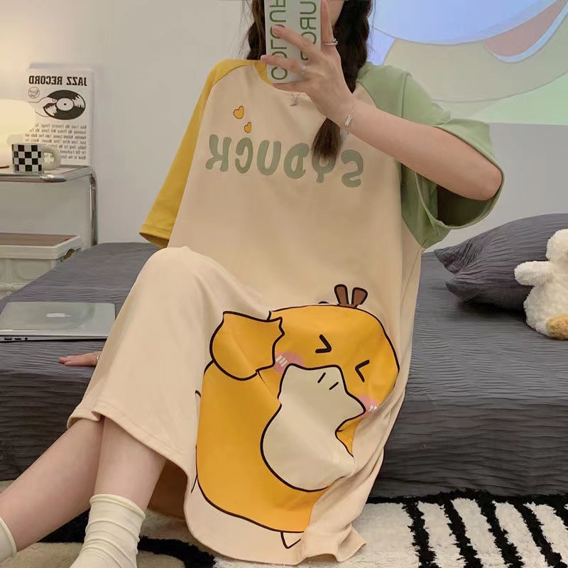 Summer Women's Pajamas Cotton Cute Short Sleeve Nightdress Cartoon Large Size Summer Thin Long Dress Home Wear Can Be Worn outside