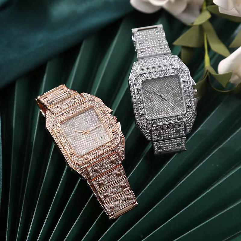 新款方形手表满天星钢带镶钻男士手表满钻面罗马数字日历石英女表