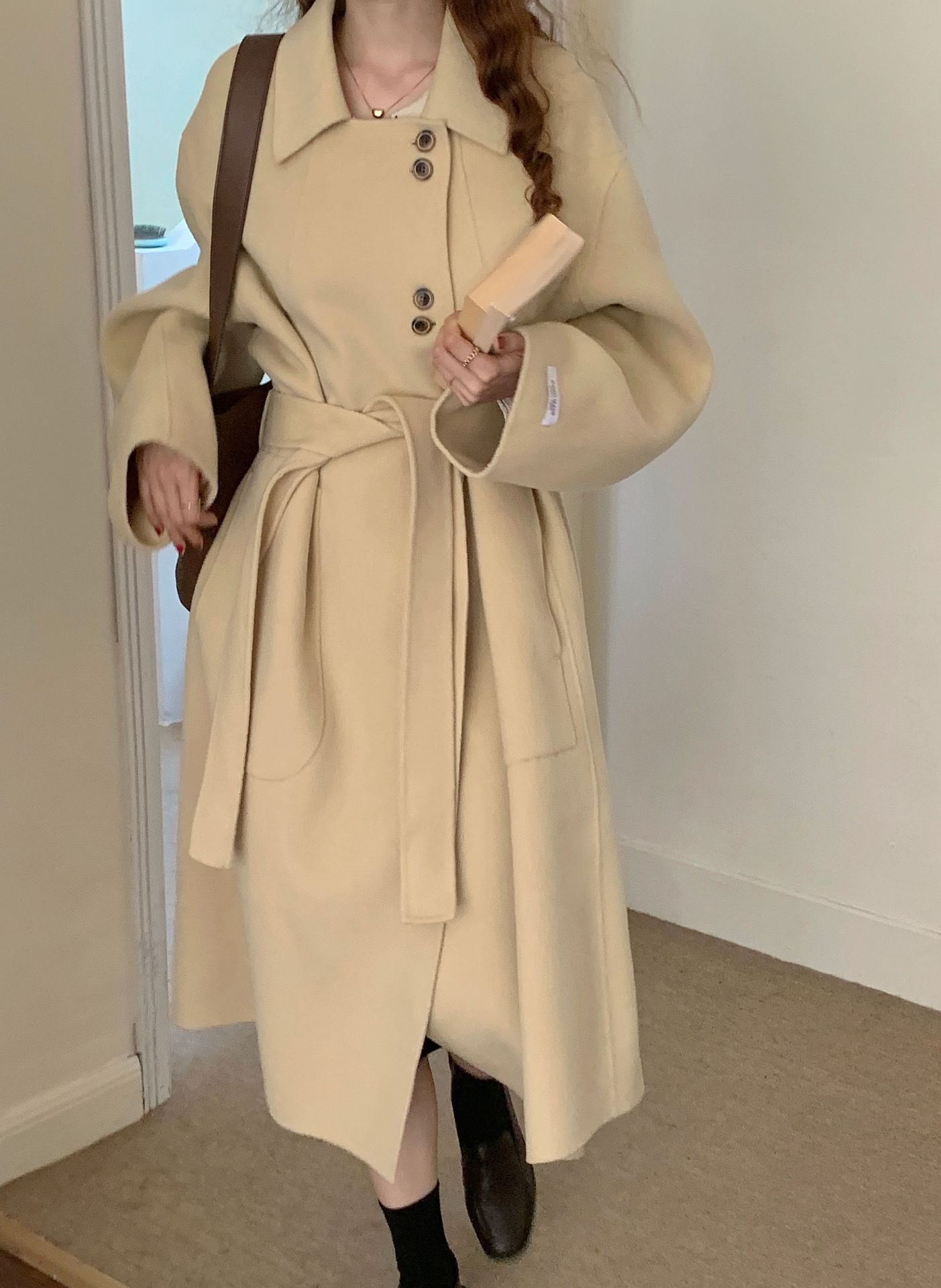 羊毛双面呢大衣女2021秋冬新款宽松中长款大衣外兜毛呢外套