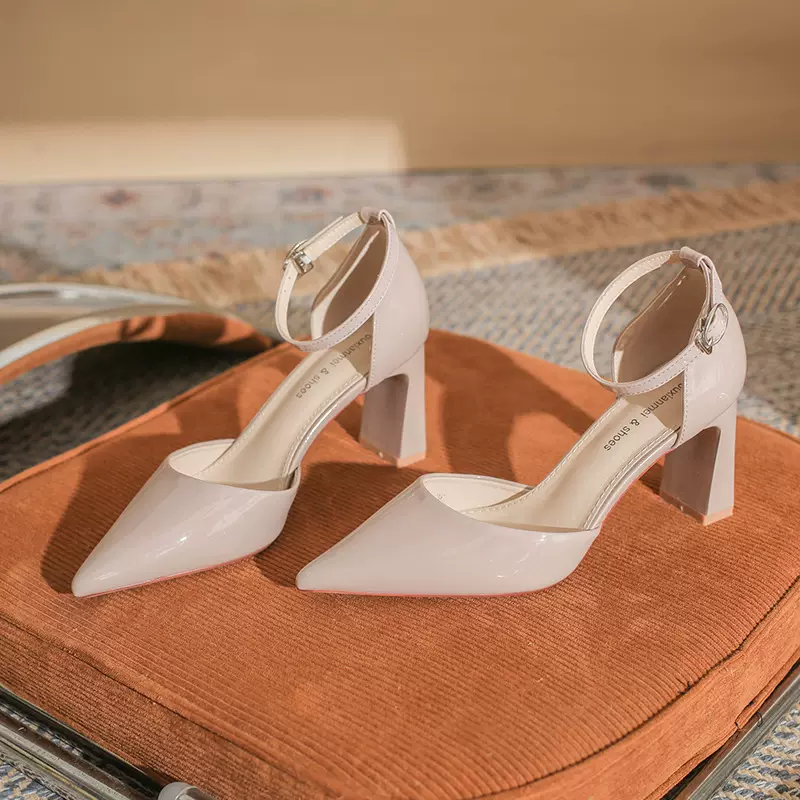 7500A尖头粗跟方根漆皮pu单鞋气质通勤百搭宴会婚鞋单鞋高跟鞋女