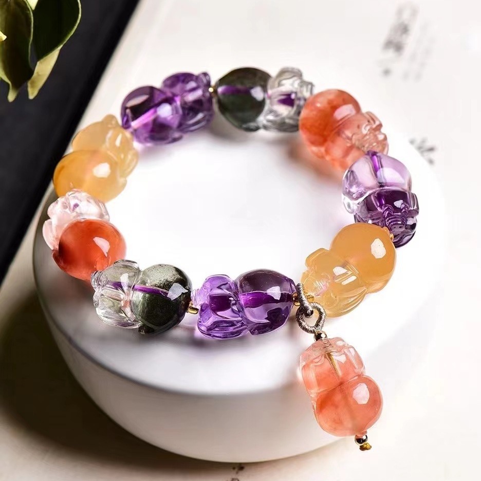 精品天然多宝水晶发财猪手链红水晶绿幽灵黄兔毛紫种水晶礼物饰品