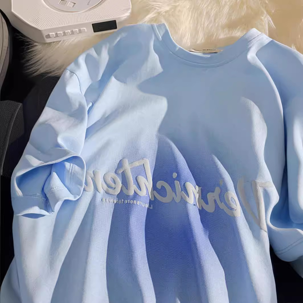 奶蓝色短袖t恤女渐变ins字母小个子半袖班服体恤oversize宽松上衣