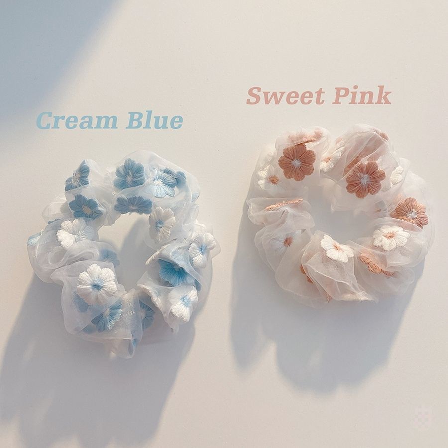 Romantic Pink Blue ~ Sweet Embroidery Flower Hairband Organza Large Intestine Ring Hair Rope Ins Mesh Head Rope Girls' Hair Accessories