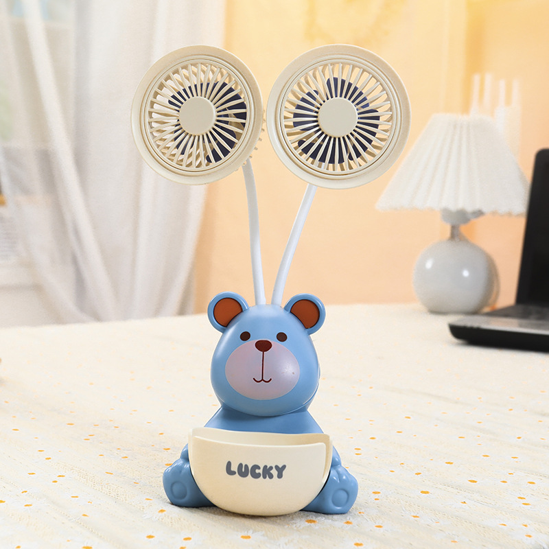 Children's Cute Animal Hose Adjustable Desktop Double-Headed Fan Pencil Knife Storage Pen Holder Multifunctional Small Fan