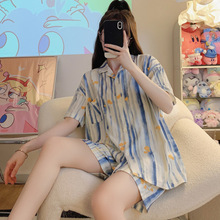 ins风日系油画感睡衣女款夏季纯棉高级感扎染短袖套装夏天家居服