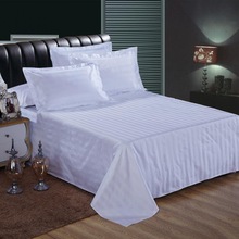 宾馆旅店四件套全棉缎条白色条纹涤棉加密床单被套枕套三件套