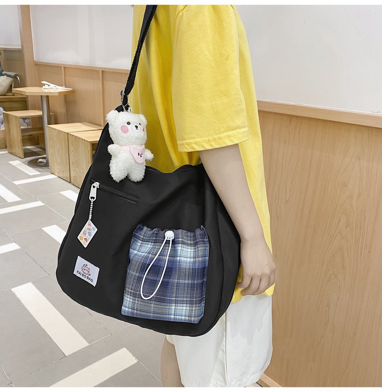 Korean Style Ulzzang College Style Simple Cute Mori Style Artistic Soft Girls Student Drawstring Plaid Crossbody Bag Female