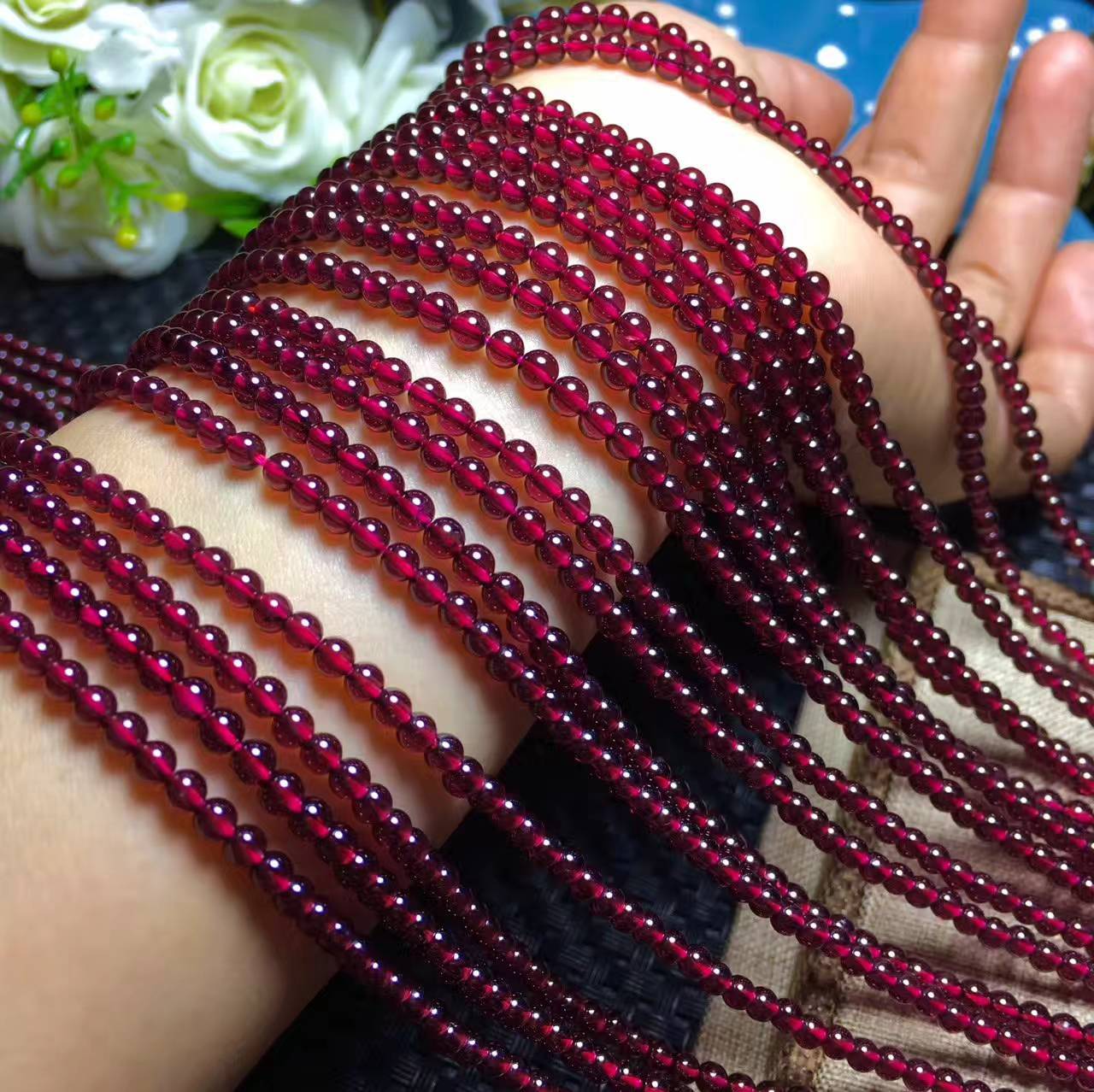 天然diy手链配饰半成品散珠3mm酒红石榴石圆珠串珠手工材料饰品女