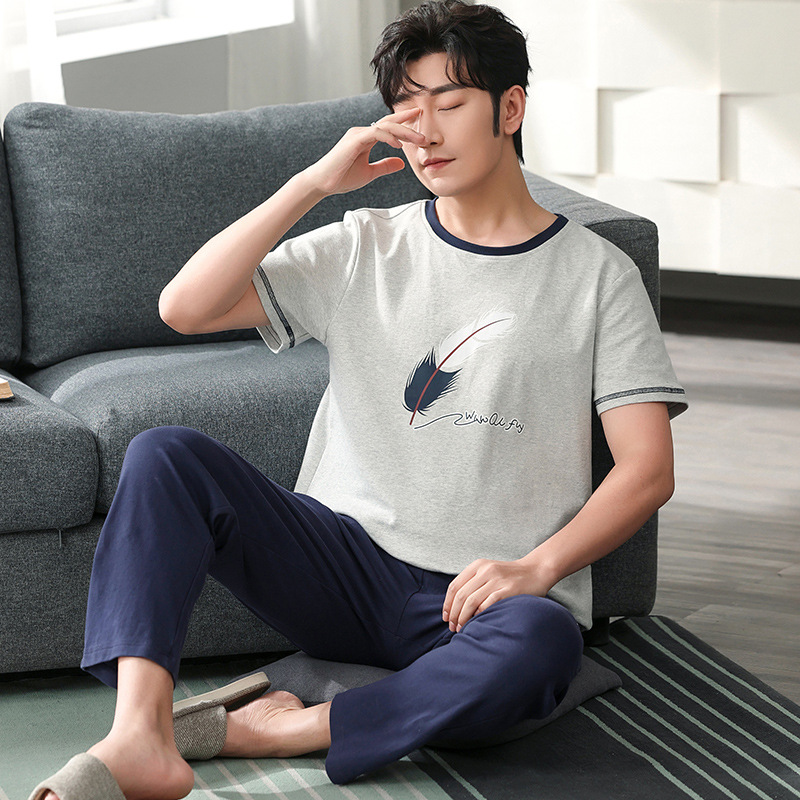 Pajamas Men's Summer Short Sleeve Trousers Simple Homewear Thin Cotton Men's Large Size Leisure Pajamas for Young Students