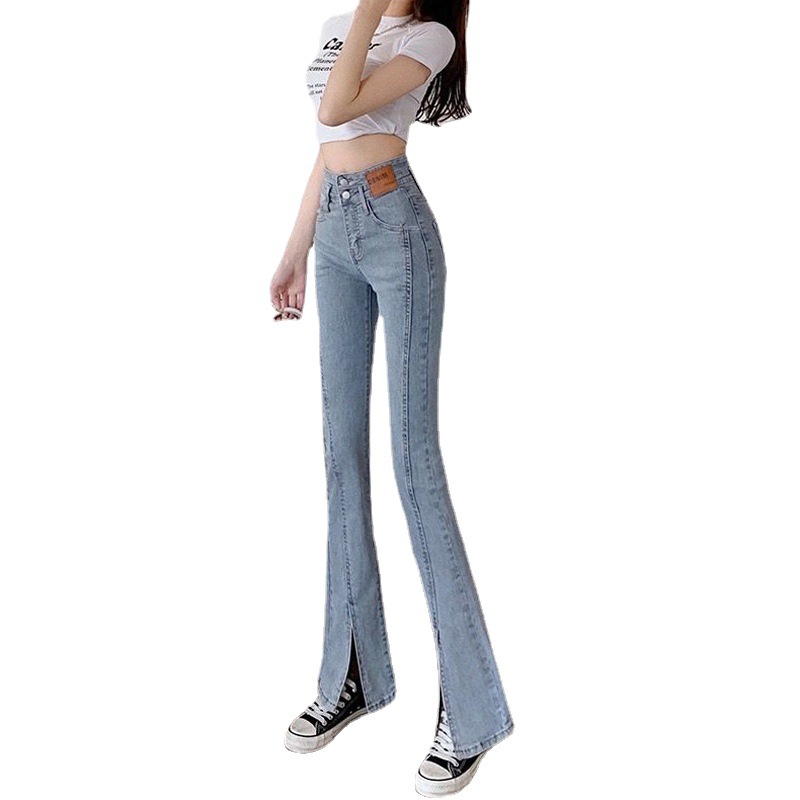  Front Slit Skinny Jeans for Women Spring and Summer New Elastic High Waist Tight Slimming Mopping Flared Pants