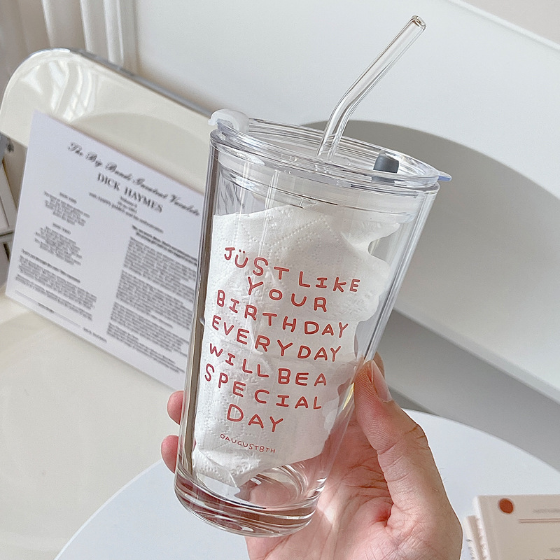 Thermal Transfer Printing Korean Ins Style Glass Straw Cup Large Capacity Milk Tea Cup Simple Alphabet Water Glass Wholesale