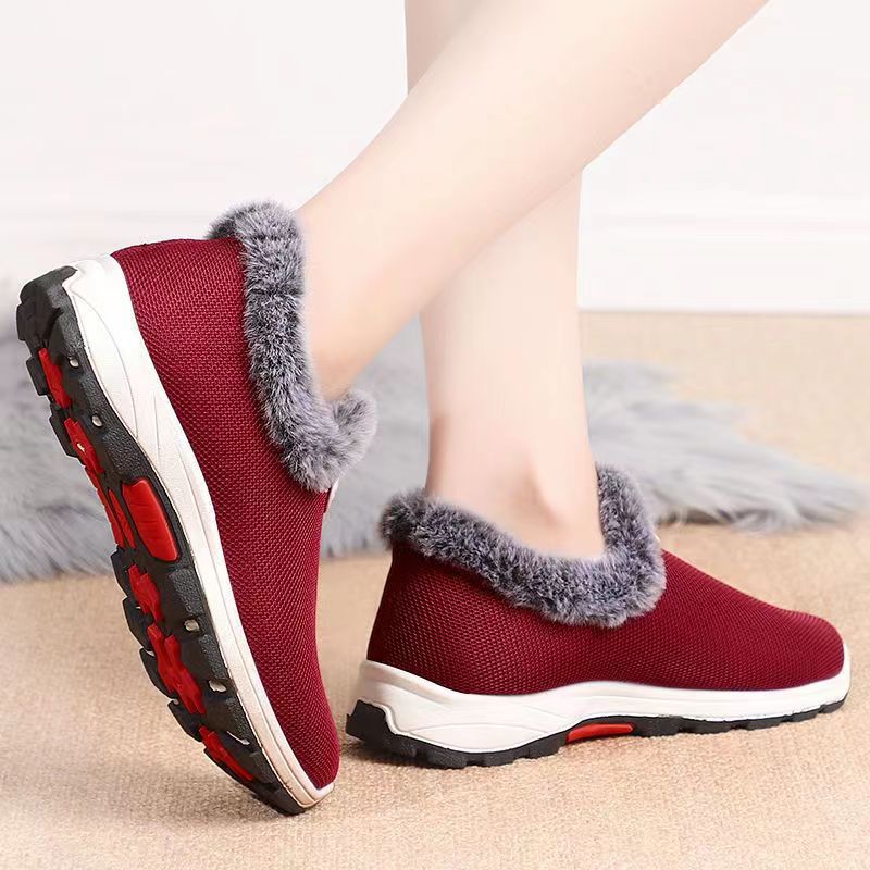 Winter Women's Thermal Shoes Middle-Aged and Elderly Fleece-lined Thickened Mountaineering Bottom Insulated Cotton-Padded Shoes Slip-on Flat Snow Boots
