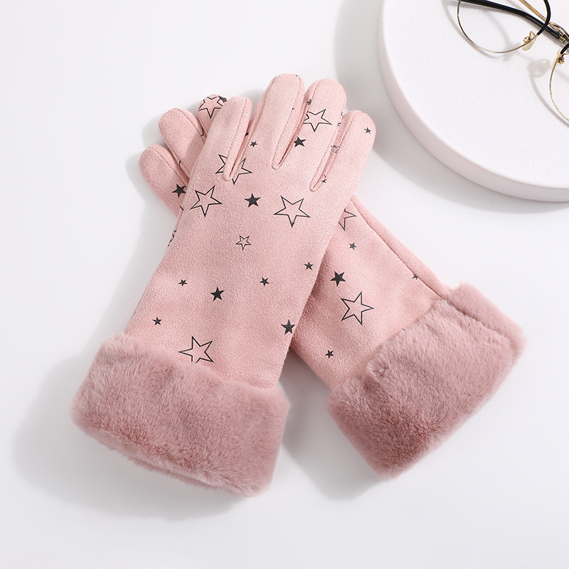 Star Printed Suede Gloves Female Warm-Keeping and Cold-Proof Cycling Gloves Velvet Lined Windproof Winter Gloves Dacron Gloves Wholesale