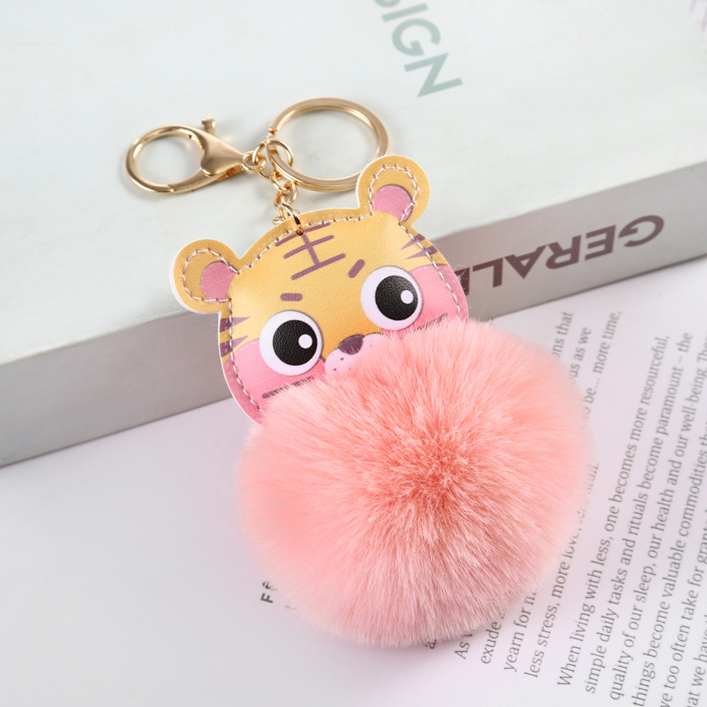 Cross-Border Cartoon Tiger Imitation Rex Rabbit Fur Ball Keychain Women's Bag Bag Charm Tiger Year Plush Pendant Small Gift