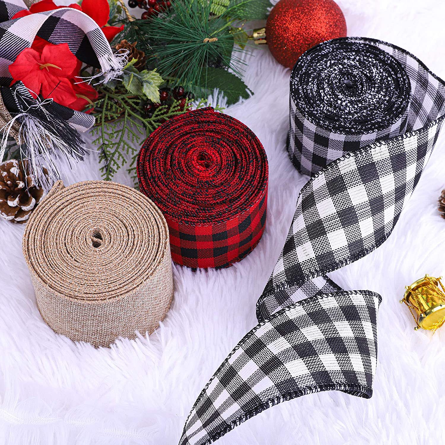 圣诞粗麻布丝带格子有线丝带条纹布包裹丝带圣诞装饰