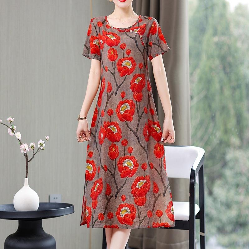 妈妈连衣裙夏高贵中老年女棉绸大花长裙过膝50-60岁阔太太洋气裙