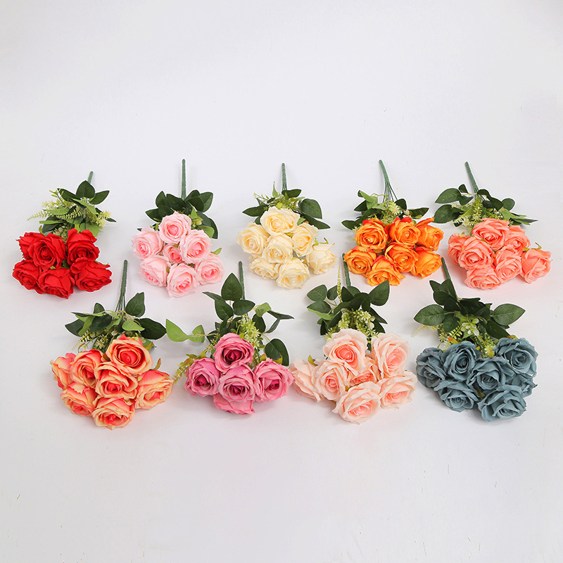 外贸仿真玫瑰花把束玫瑰假花家居装饰摄影道具玫瑰花7头红玫瑰