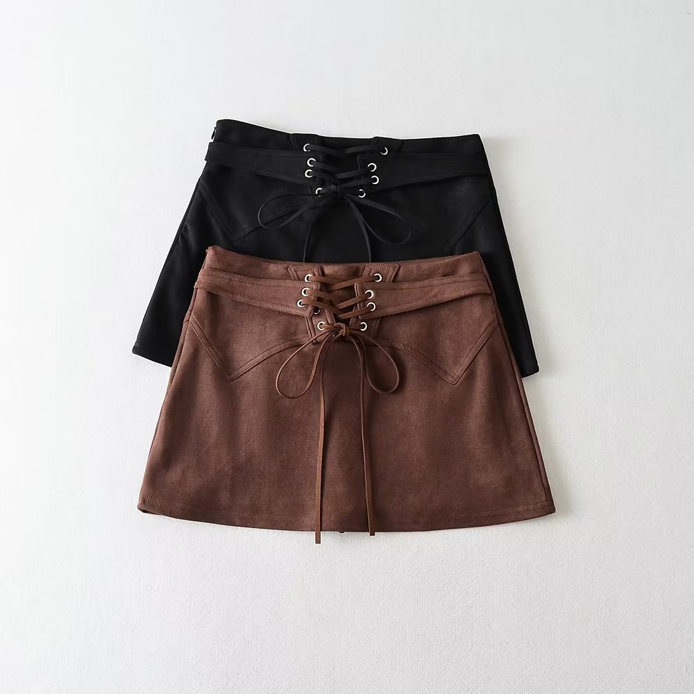 美式复古鹿皮绒半身裙女2022夏季新款辣妹风高腰绑带显瘦a字短裙