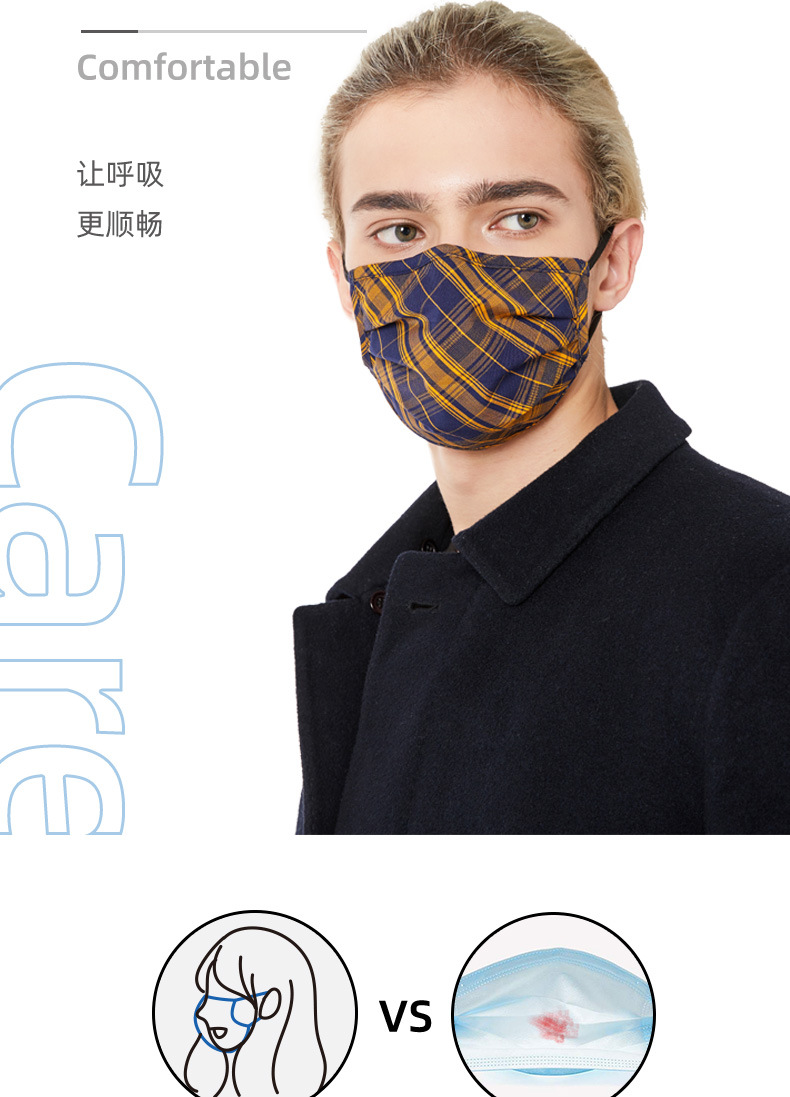 欧美夏季通用防尘挂耳式蓝色格子口罩 3层布口罩可水洗定制印logo