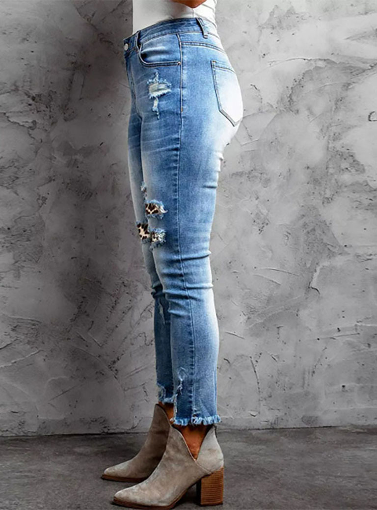   Cross-Border Denim Manufacturer Amazon Ripped Tassel Elastic Mid-Waist Small Straight-eg Jeans Women's Super Hot