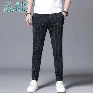 汇努特男士休闲裤商务修身小脚夏季竖纹小西裤时尚弹力潮长裤子