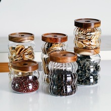 条纹玻璃密封罐相思木盖储物罐透明储藏收纳罐咖啡豆茶叶密封罐