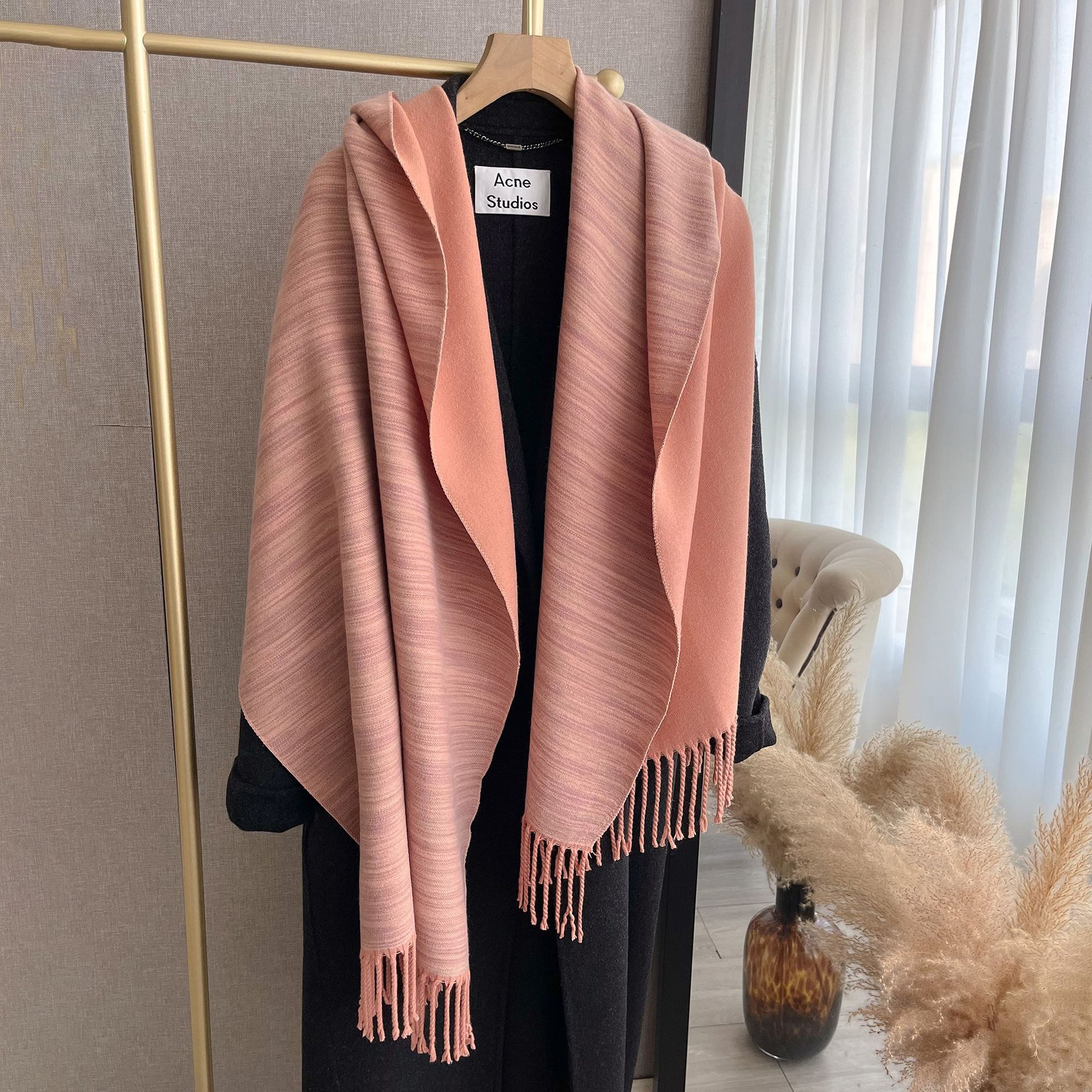 Cored Yarn Double-Sided Striped Tassel Scarf Autumn and Winter Women‘s Pure Color Thickened Scarf Foreign Trade Cross-Border Quality Two-Color Shawl