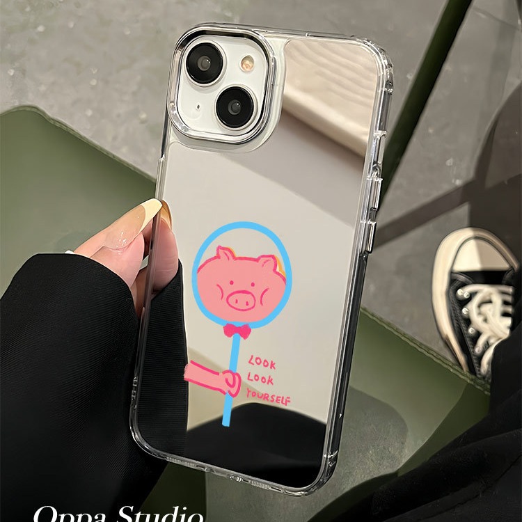 可爱照镜子小猪适用苹果13手机壳新款iphone15promax创意14卡通镜