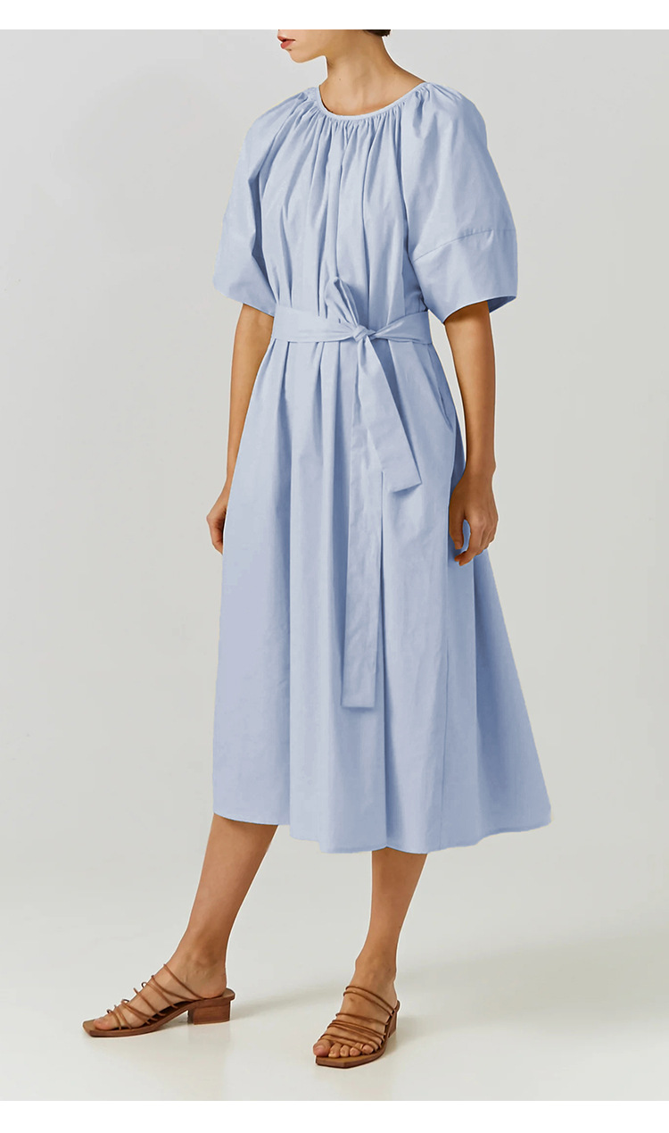 温柔风腰带连衣裙夏季新款收腰气质优雅显瘦抽褶宽松大码系带裙子