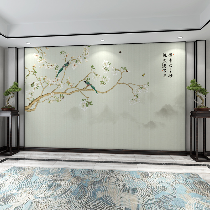 8d立体新中式玉兰花鸟壁纸客厅电视背景墙纸卧室书房背景墙布壁画