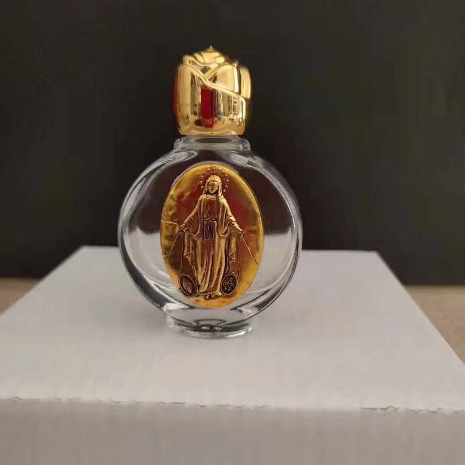 新款便携玫瑰花水晶玻璃合金浮雕圣像旅行专用圣水瓶天主教圣物