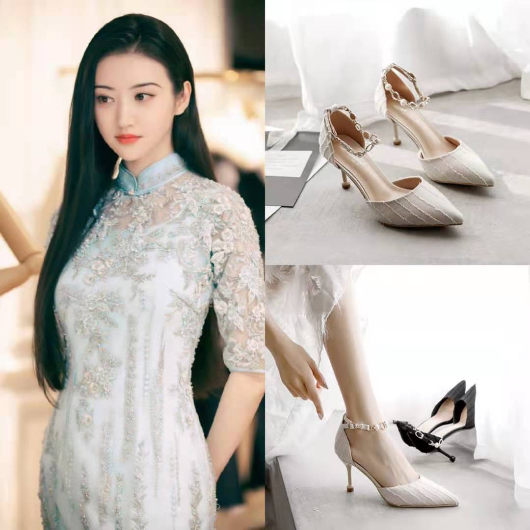 司藤景甜同款高跟鞋女细跟包头凉鞋尖头百搭单鞋搭配旗袍的鞋子夏