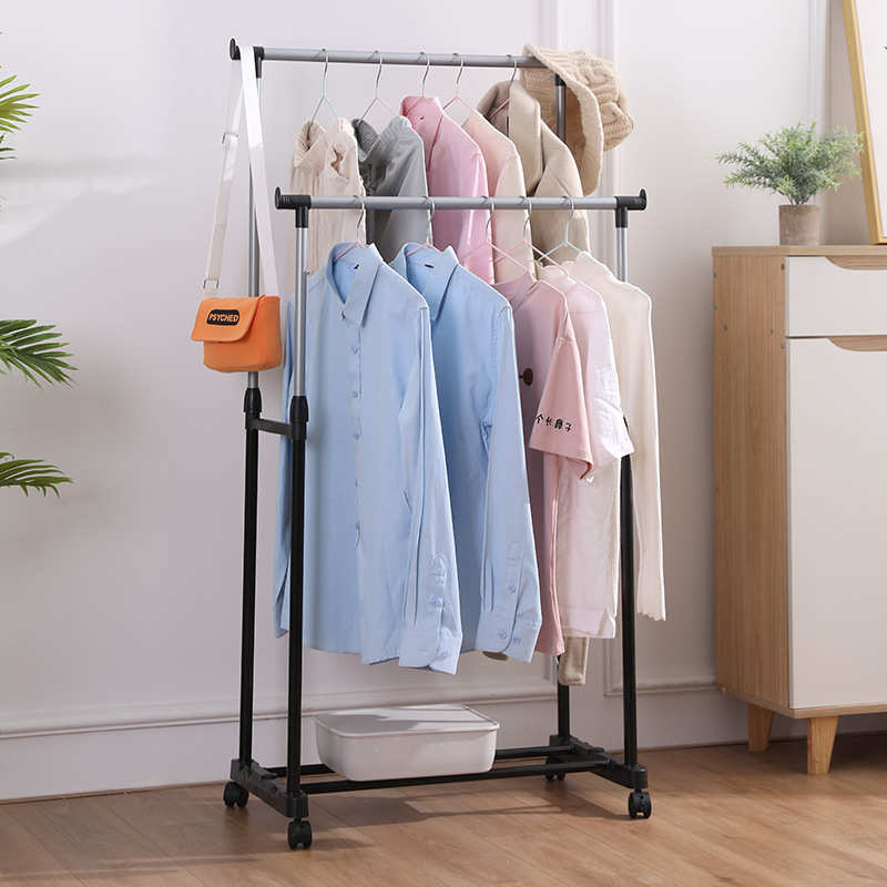 Single Pole Coat Hanger Stainless Steel Double Bar Clothes Hanger Indoor Balcony Floor Hanger Drying Rack Drying Rack Hanger