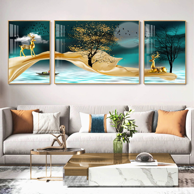 晶瓷画客厅装饰画沙发背景墙挂画三联画壁画镶钻画高端麋鹿山水