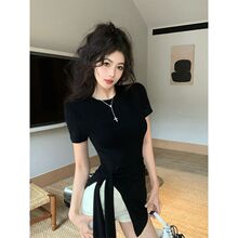 绑带开叉不规则T恤休闲女装经典款春2025年弹力黑色新款上衣显瘦
