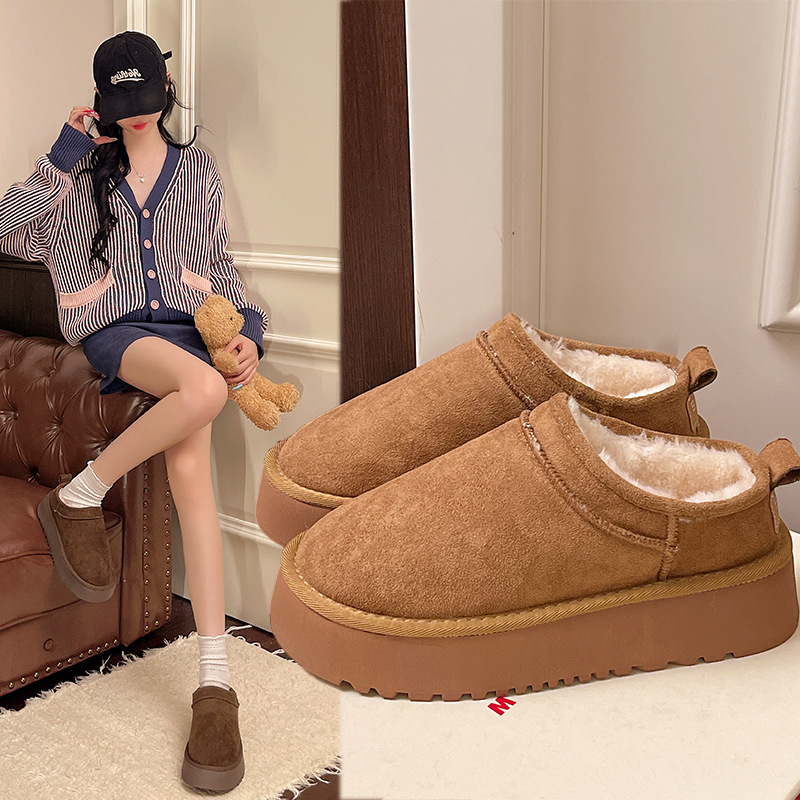 明星同款超迷你斜坡口厚底短筒雪地靴女低帮绒面加绒防滑女鞋批发