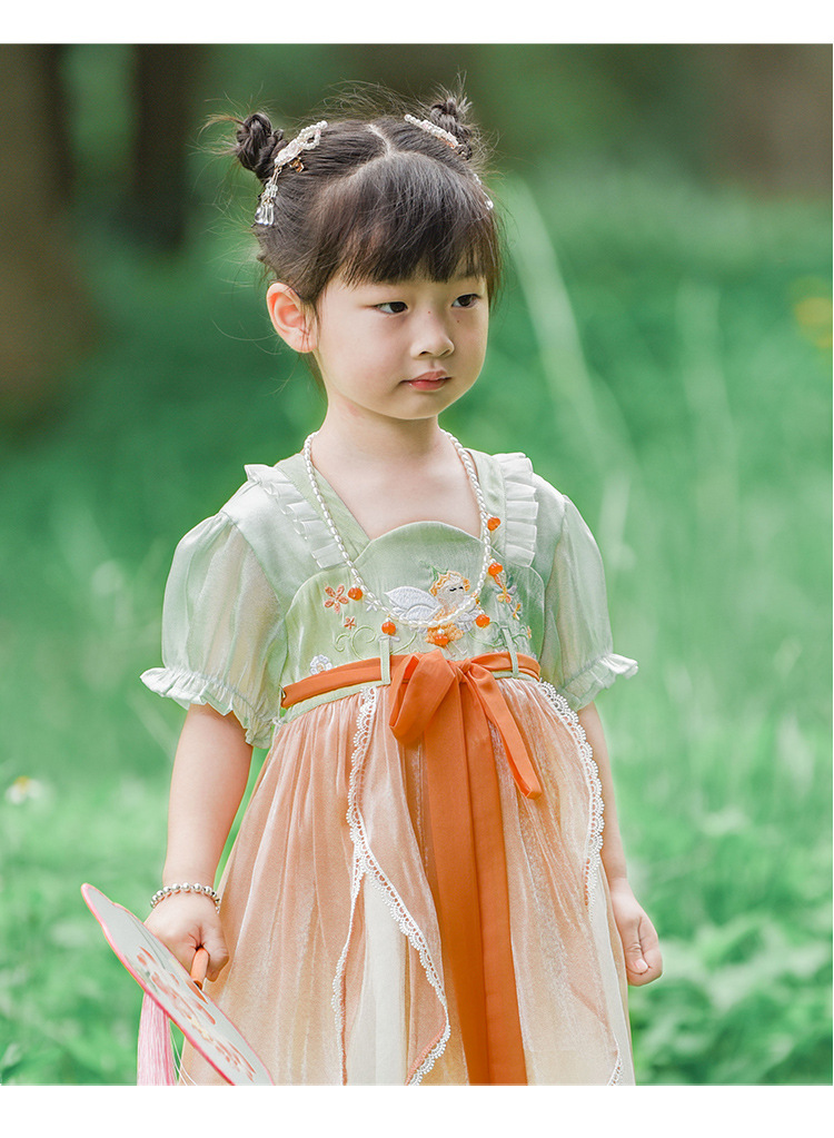 舒栗汉服女童夏薄款短袖古装超仙连衣裙花仙子女童襦裙儿童汉服