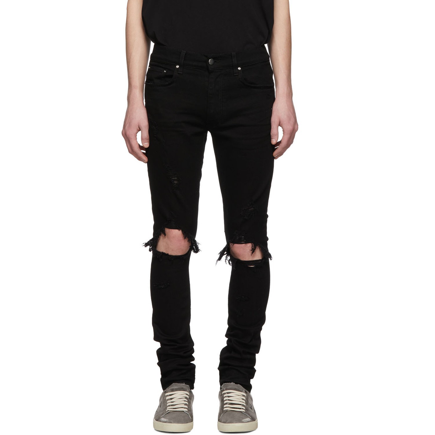 毒物贩amiri纯黑色双膝破洞大破坏高街修身小脚口拉链slp牛仔裤子