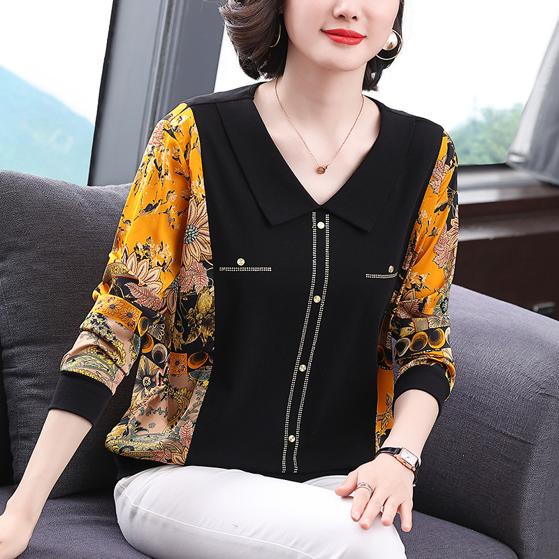 Middle-Aged Mom Style Long-Sleeved T-shirt Women's 2024 Spring New Polo Collar Stitching Loose Middle-Aged and Elderly Women's Clothing Western Style Top