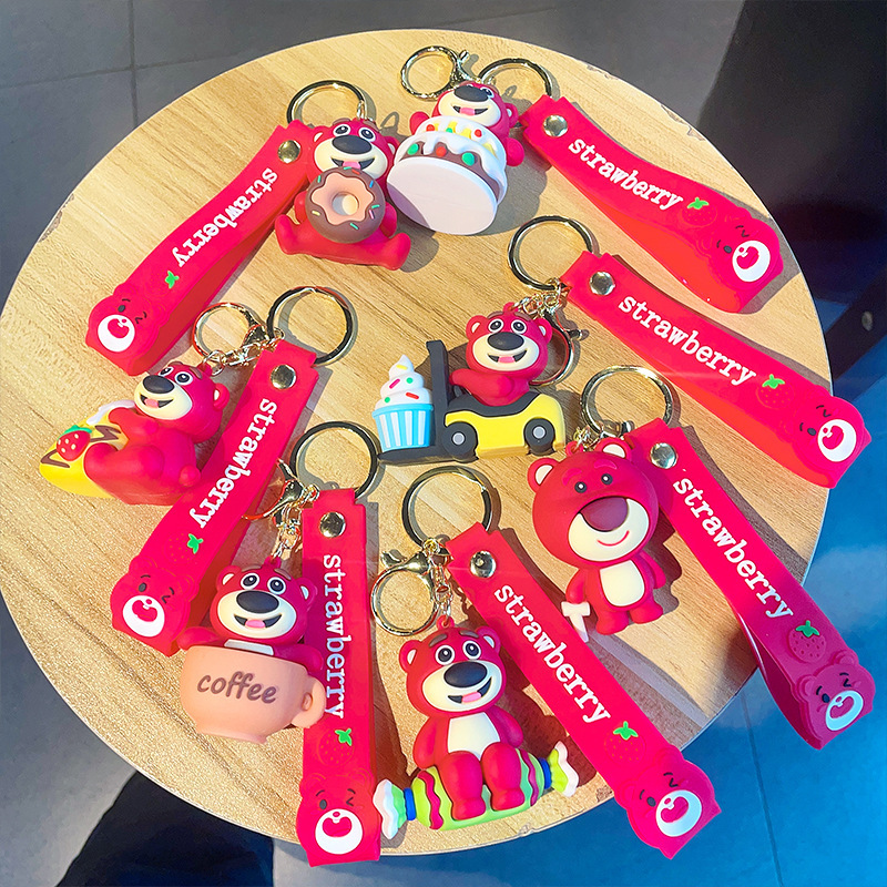 Cute Dessert Shop Strawberry Bear Keychain Cartoon PVC Toy Bag Package Pendant Car Key Ring Gift Wholesale