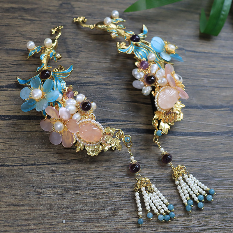 汉服发夹流苏边夹锦鲤烧蓝额头发饰旗袍国风头饰发夹女生侧边