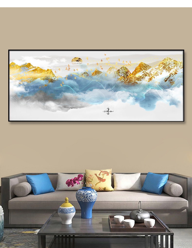 新中式山水画客厅装饰画 沙发背景墙壁画挂画 横版大气壁画晶瓷画